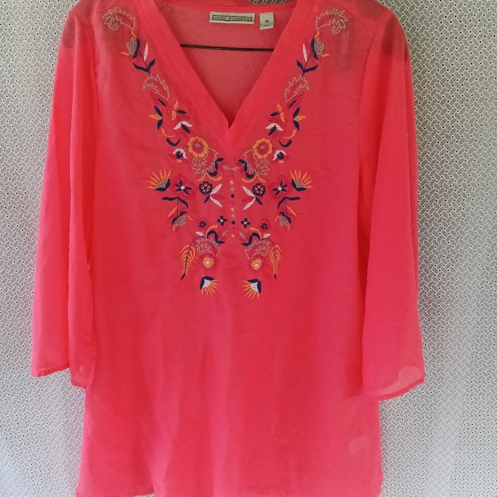 DANA BUCHMAN Coral Tunic Medium 3/4 Sleeve Embroidered Sheer Colorful Floral A9